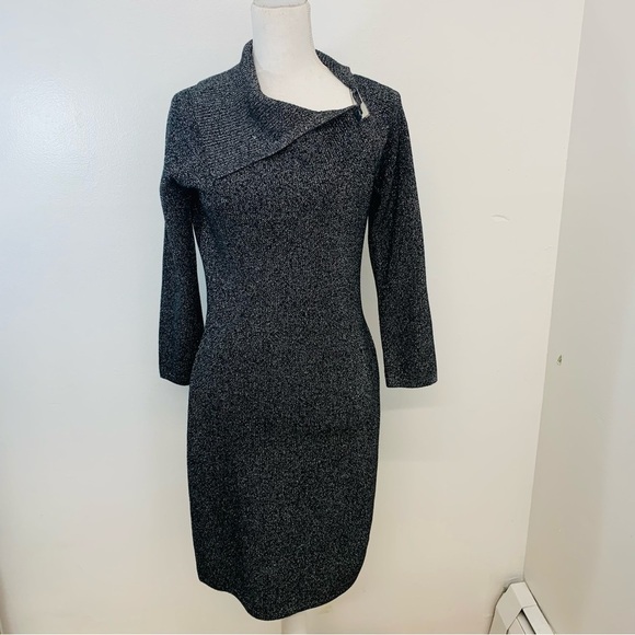 Calvin Klein Sweater Dress Medium  Silver‎ Metallic Long Sleeve Knee Length - Picture 1 of 12